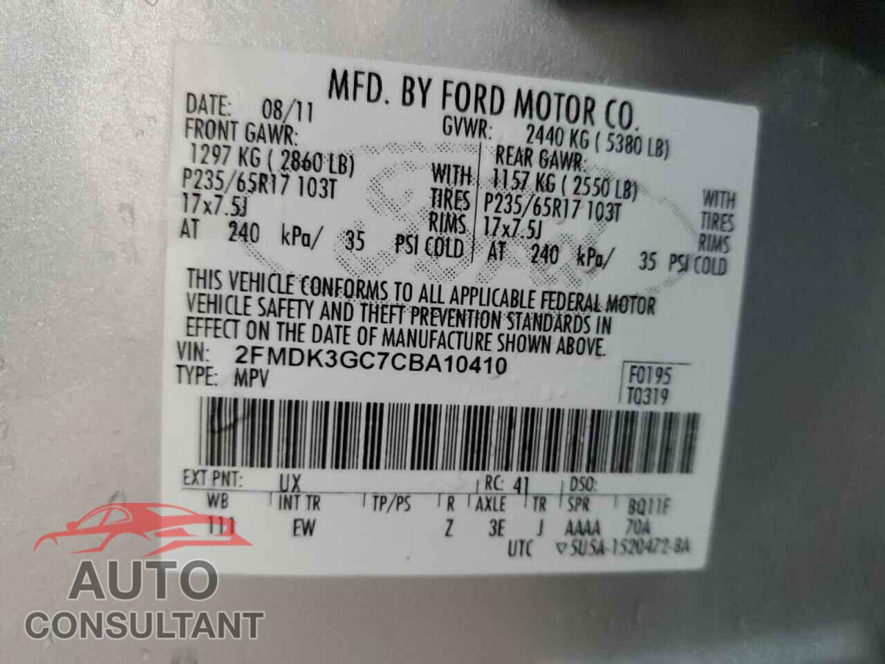 FORD EDGE 2012 - 2FMDK3GC7CBA10410