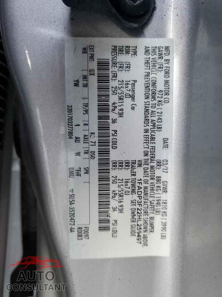 FORD FOCUS 2017 - 1FADP3F22HL259497