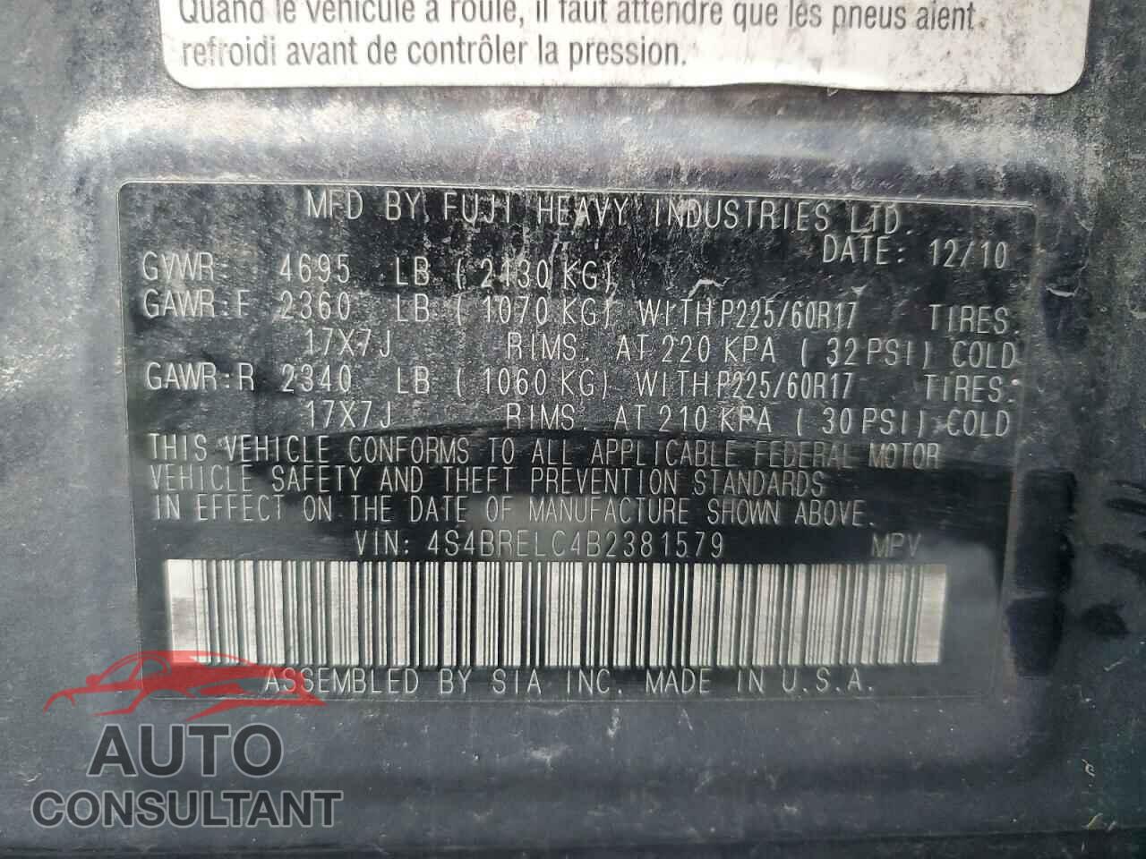 SUBARU OUTBACK 2011 - 4S4BRELC4B2381579