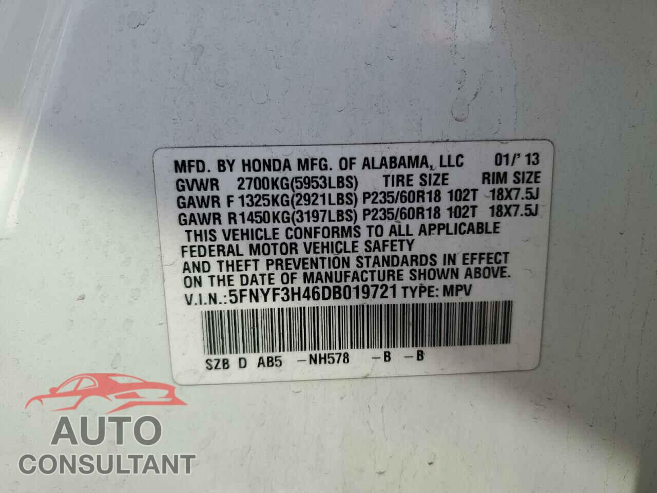 HONDA PILOT 2013 - 5FNYF3H46DB019721