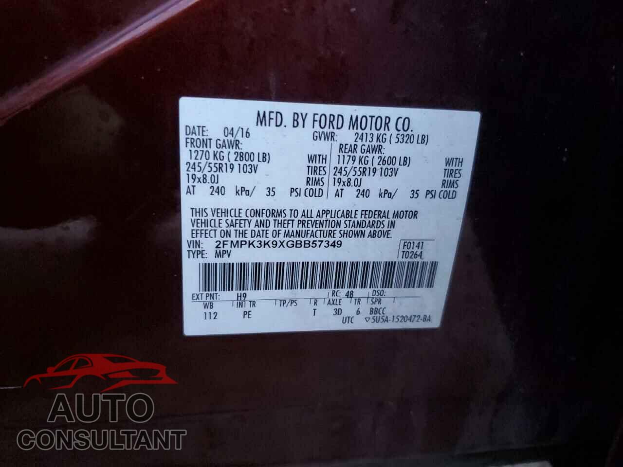 FORD EDGE 2016 - 2FMPK3K9XGBB57349