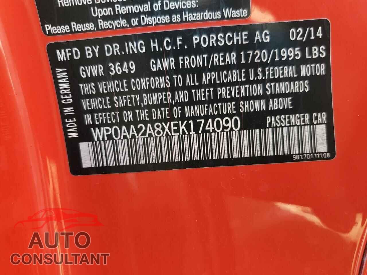 PORSCHE CAYMAN 2014 - WP0AA2A8XEK174090