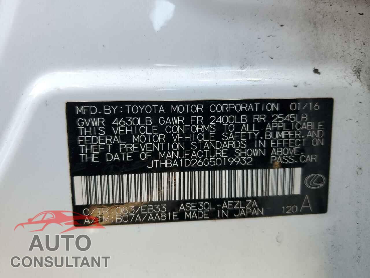 LEXUS IS 2016 - JTHBA1D26G5019932
