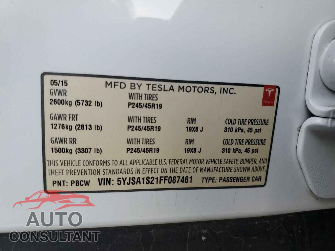 TESLA MODEL S 2015 - 5YJSA1S21FF087461