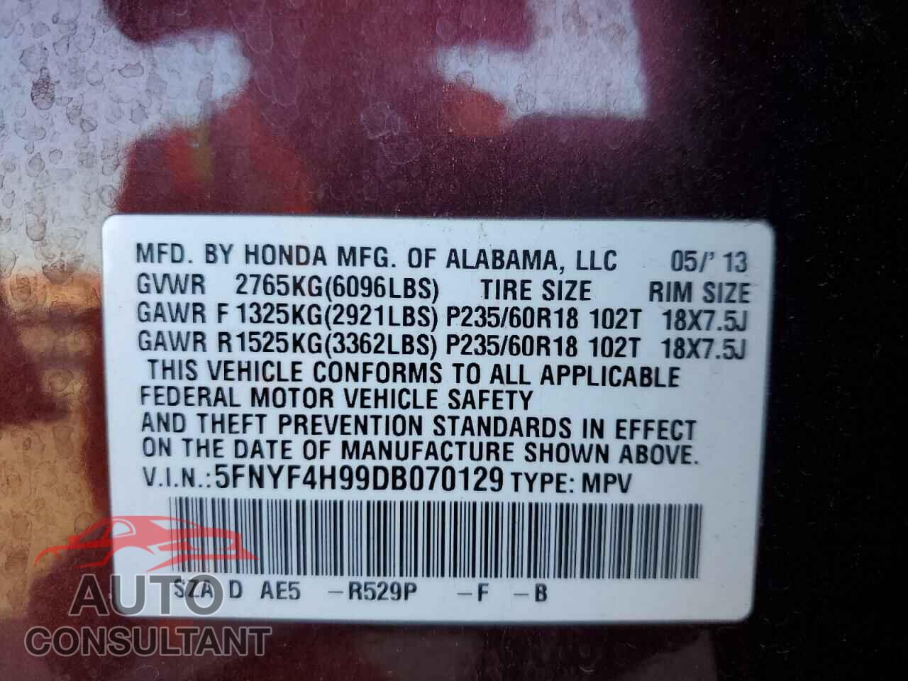 HONDA PILOT 2013 - 5FNYF4H99DB070129