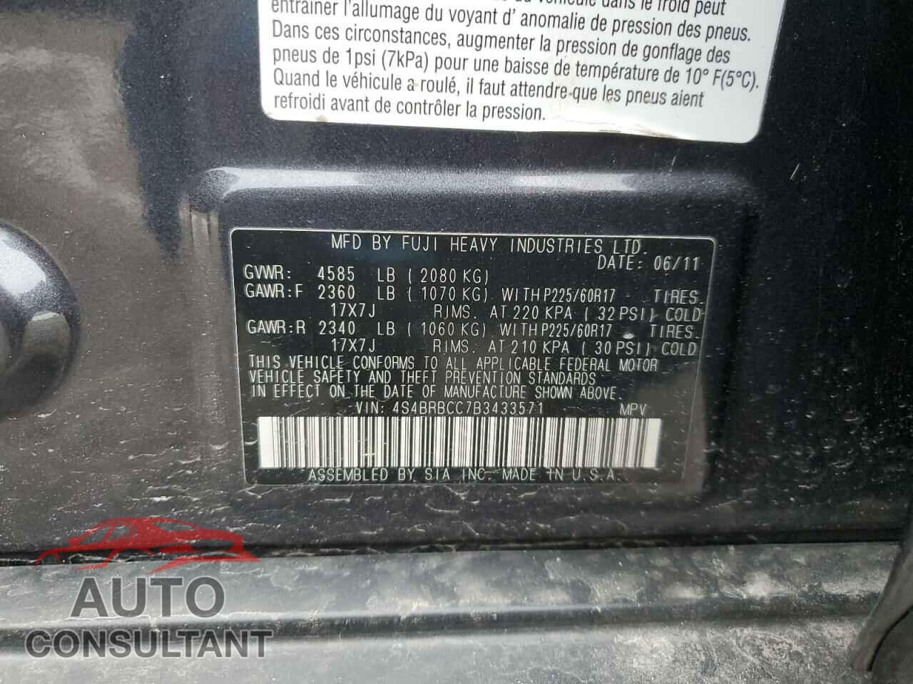 SUBARU OUTBACK 2011 - 4S4BRBCC7B3433571