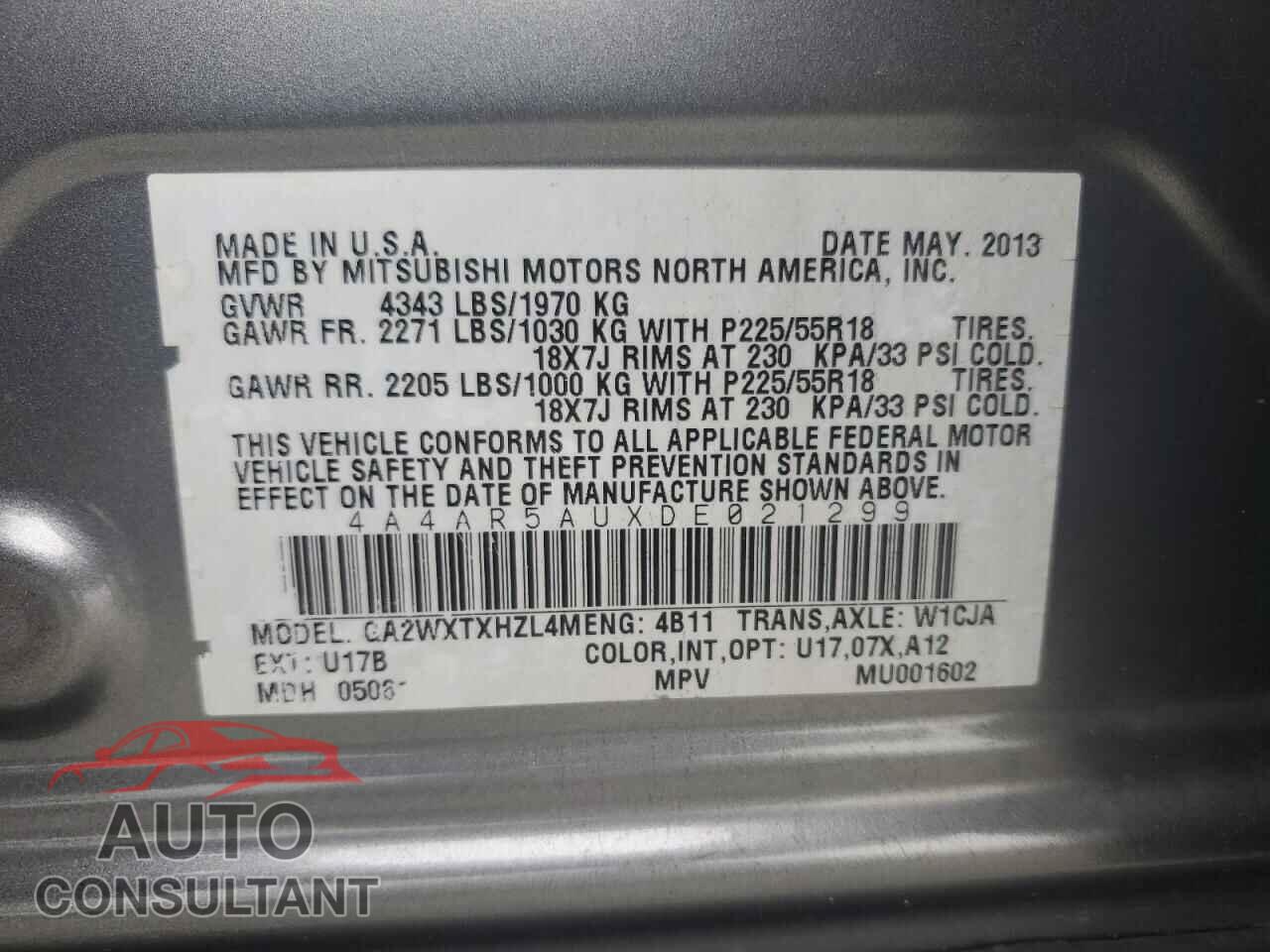 MITSUBISHI OUTLANDER 2013 - 4A4AR5AUXDE021299
