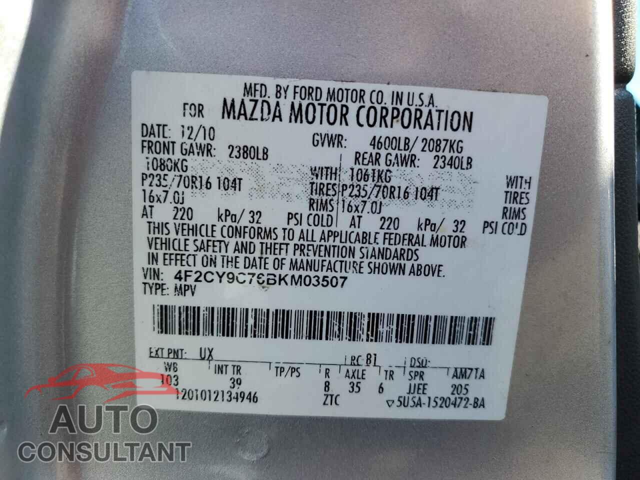 MAZDA TRIBUTE 2011 - 4F2CY9C76BKM03507