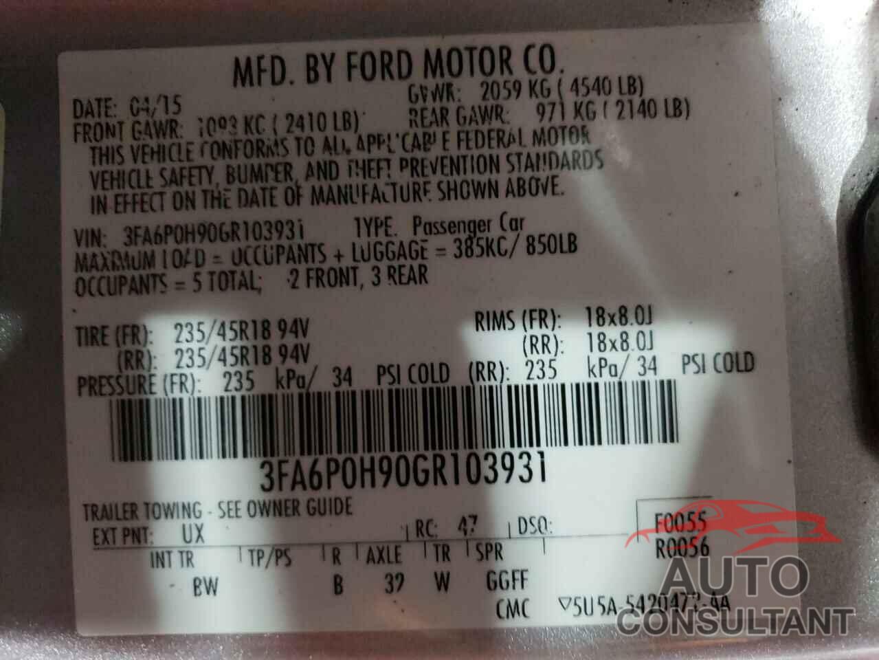 FORD FUSION 2016 - 3FA6P0H90GR103931