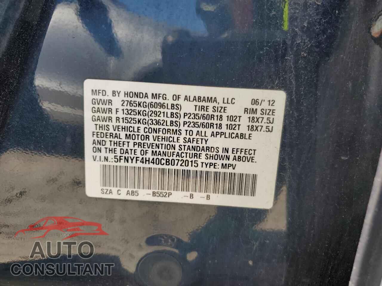 HONDA PILOT 2012 - 5FNYF4H40CB072015
