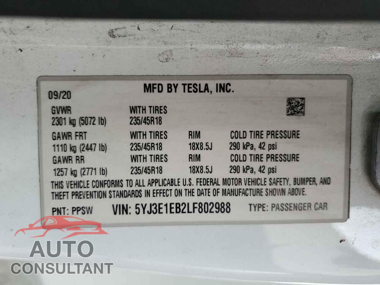 TESLA MODEL 3 2020 - 5YJ3E1EB2LF802988
