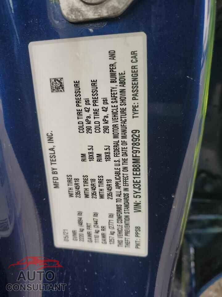 TESLA MODEL 3 2021 - 5YJ3E1EB8MF978929