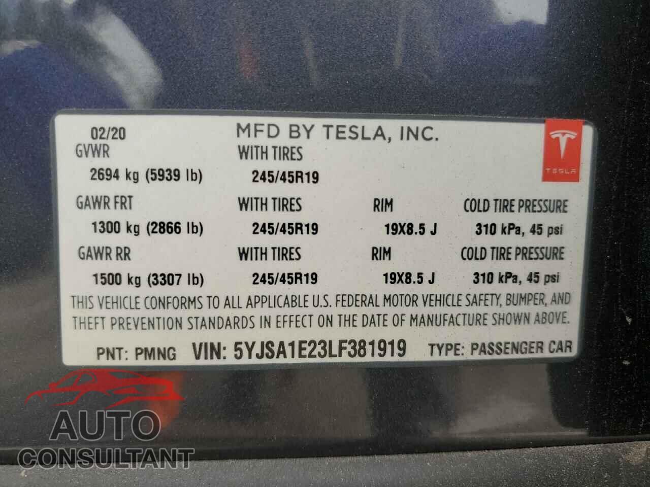 TESLA MODEL S 2020 - 5YJSA1E23LF381919