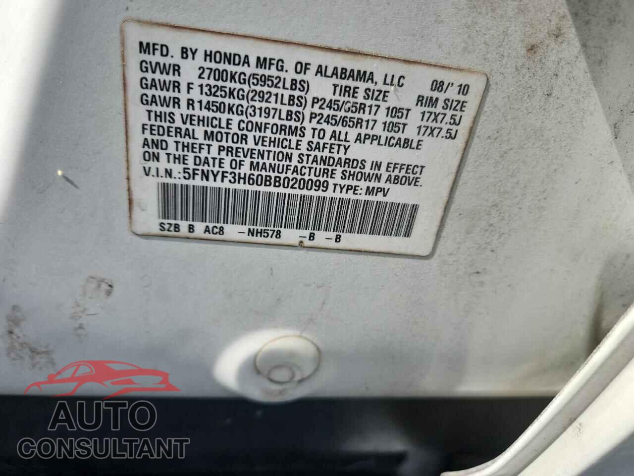 HONDA PILOT 2011 - 5FNYF3H60BB020099