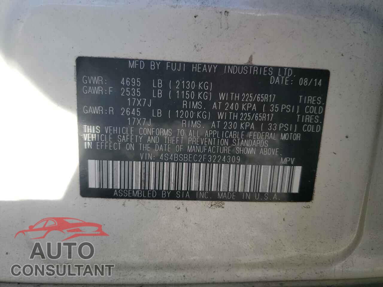 SUBARU OUTBACK 2015 - 4S4BSBEC2F3224309
