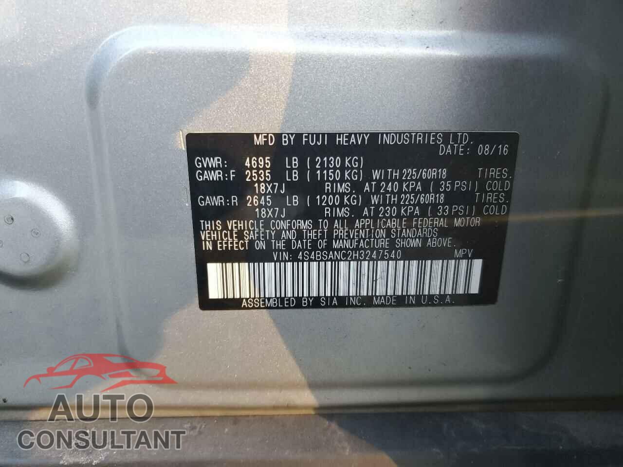 SUBARU OUTBACK 2017 - 4S4BSANC2H3247540