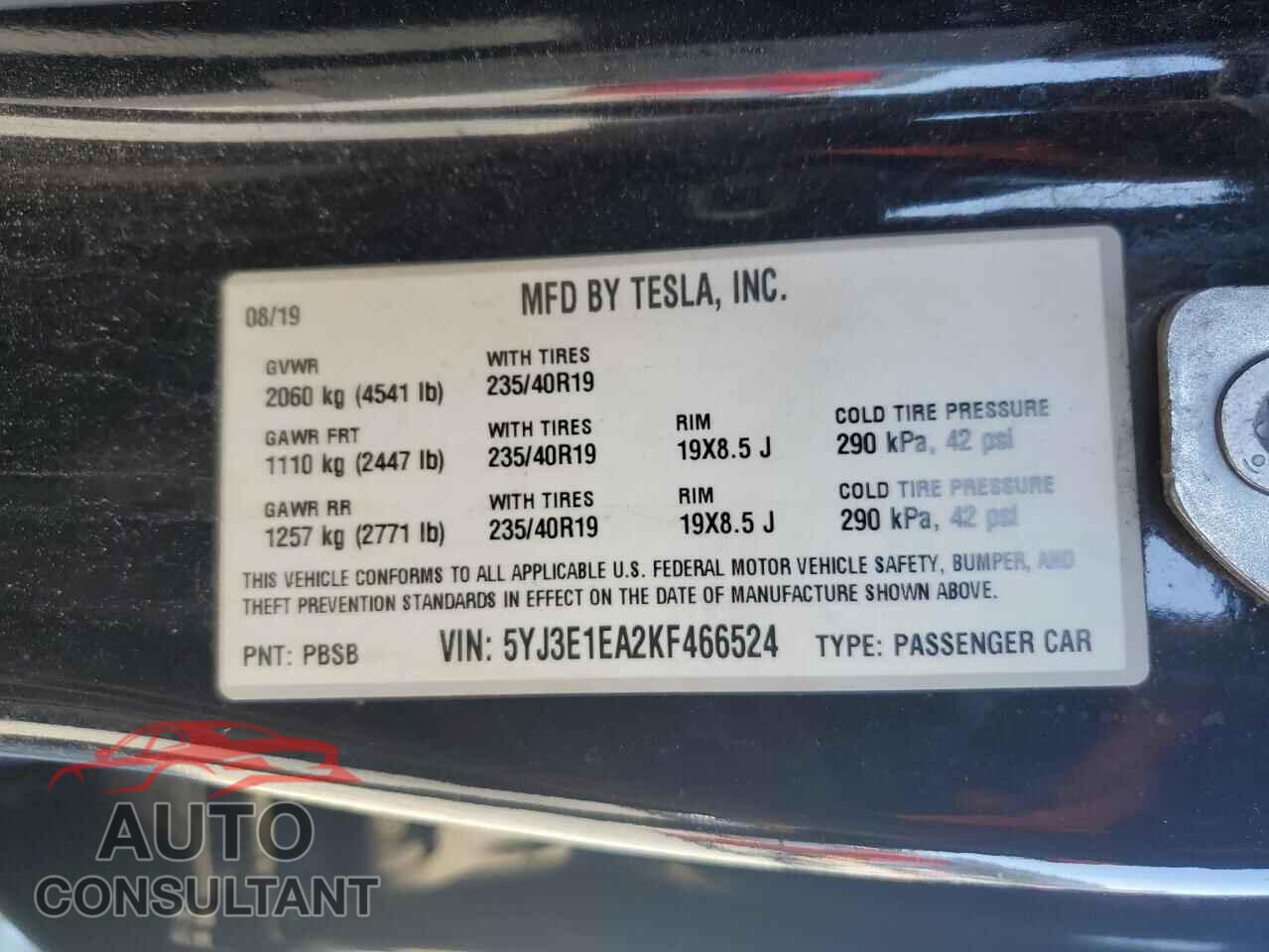 TESLA MODEL 3 2019 - 5YJ3E1EA2KF466524