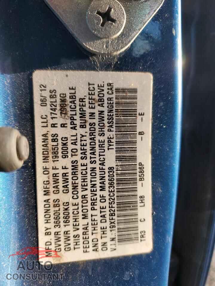 HONDA CIVIC 2012 - 19XFB2F52CE366038