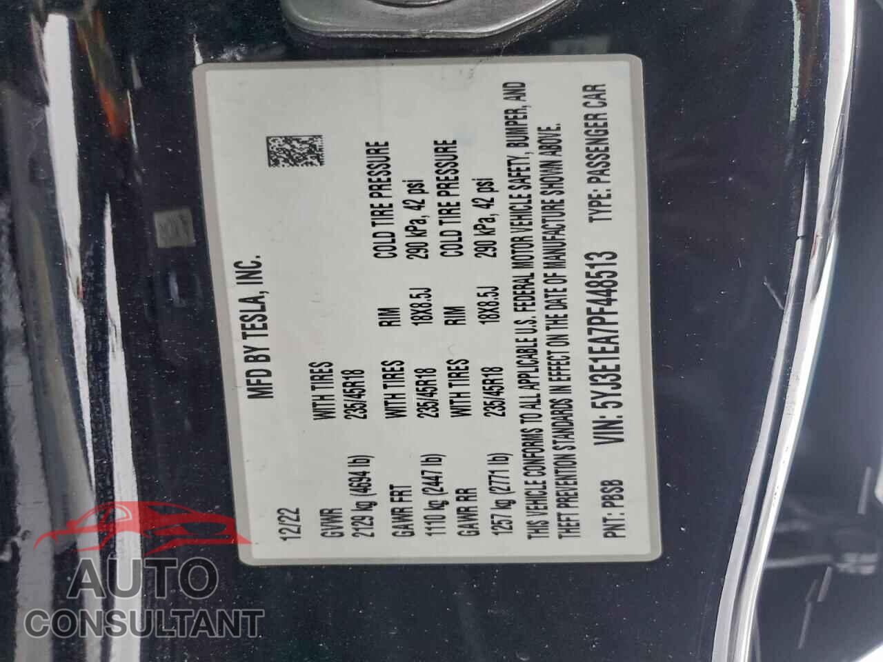 TESLA MODEL 3 2023 - 5YJ3E1EA7PF448513