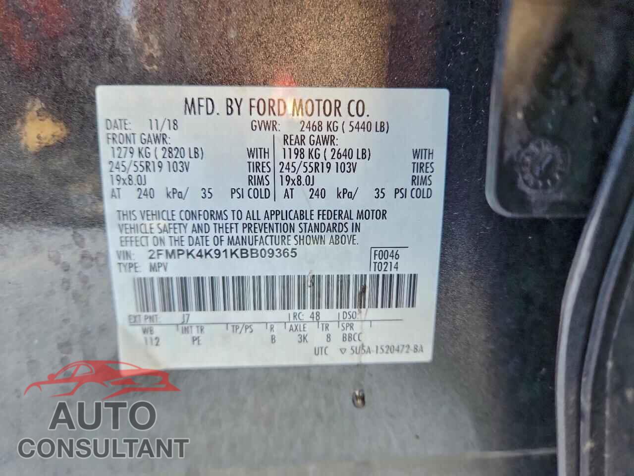 FORD EDGE 2019 - 2FMPK4K91KBB09365