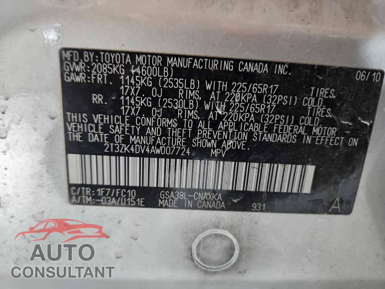 TOYOTA RAV4 2010 - 2T3ZK4DV4AW007724