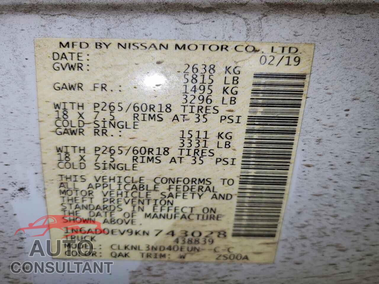 NISSAN FRONTIER 2019 - 1N6AD0EV9KN743028