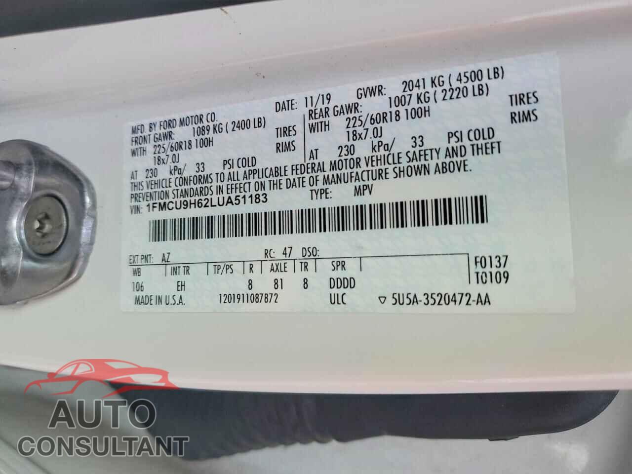 FORD ESCAPE 2020 - 1FMCU9H62LUA51183