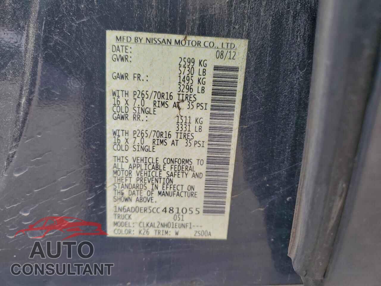 NISSAN FRONTIER 2012 - 1N6AD0ER5CC481055
