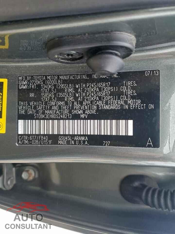 TOYOTA HIGHLANDER 2013 - 5TDBK3EH8DS248213