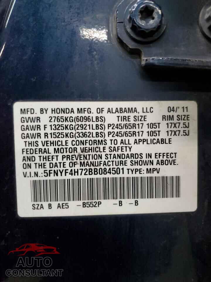 HONDA PILOT 2011 - 5FNYF4H72BB084501