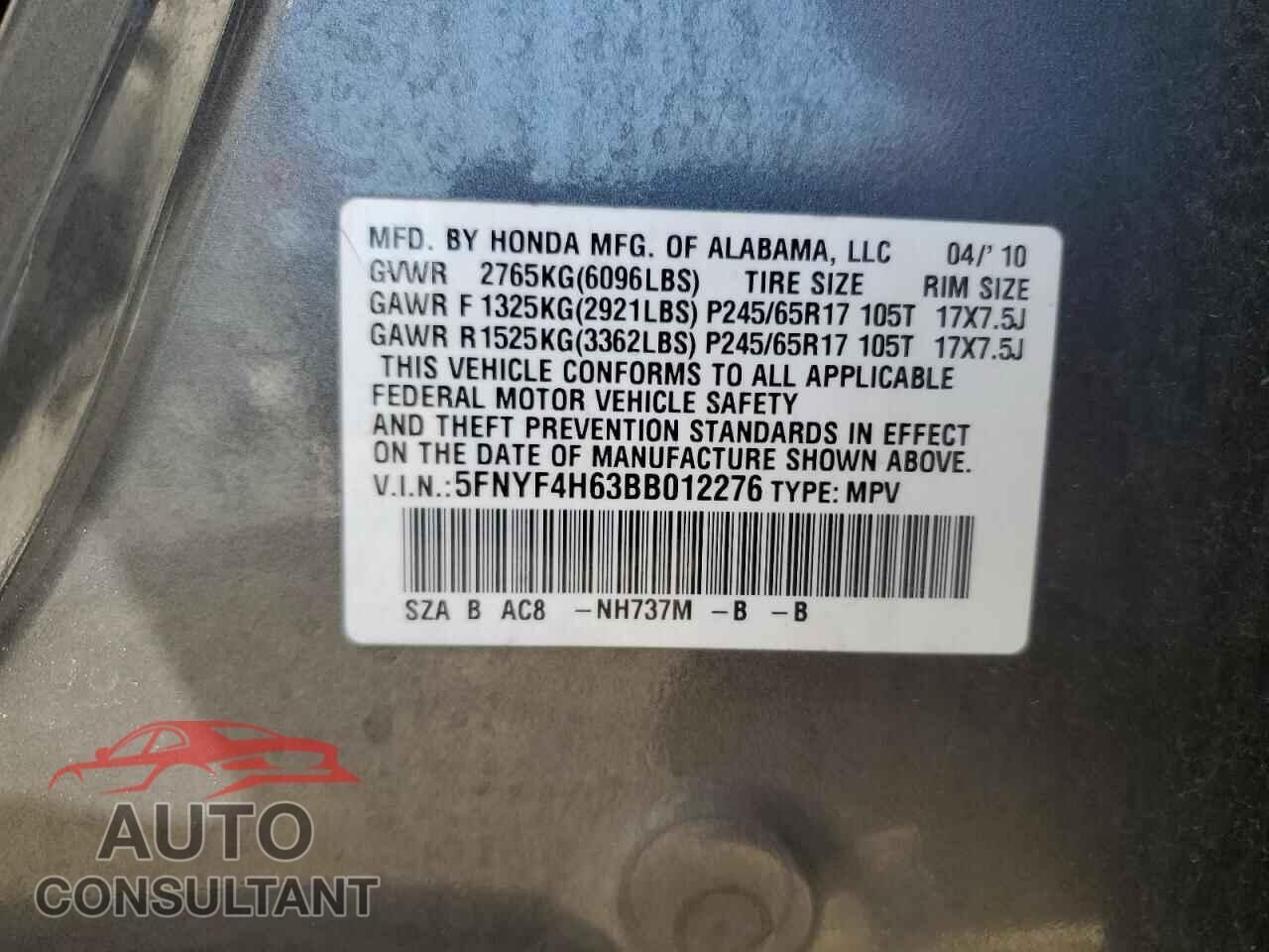 HONDA PILOT 2011 - 5FNYF4H63BB012276