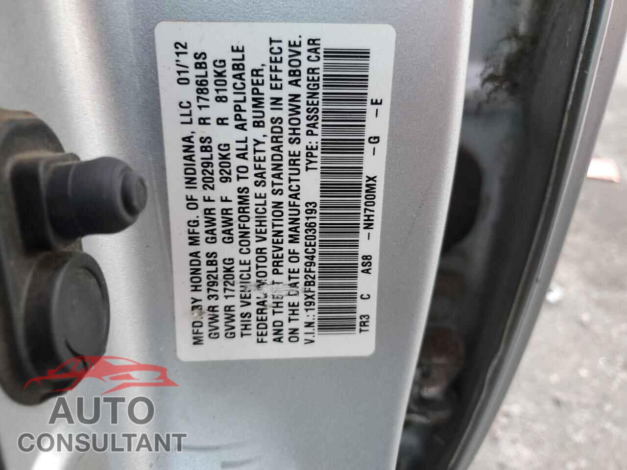 HONDA CIVIC 2012 - 19XFB2F94CE036193