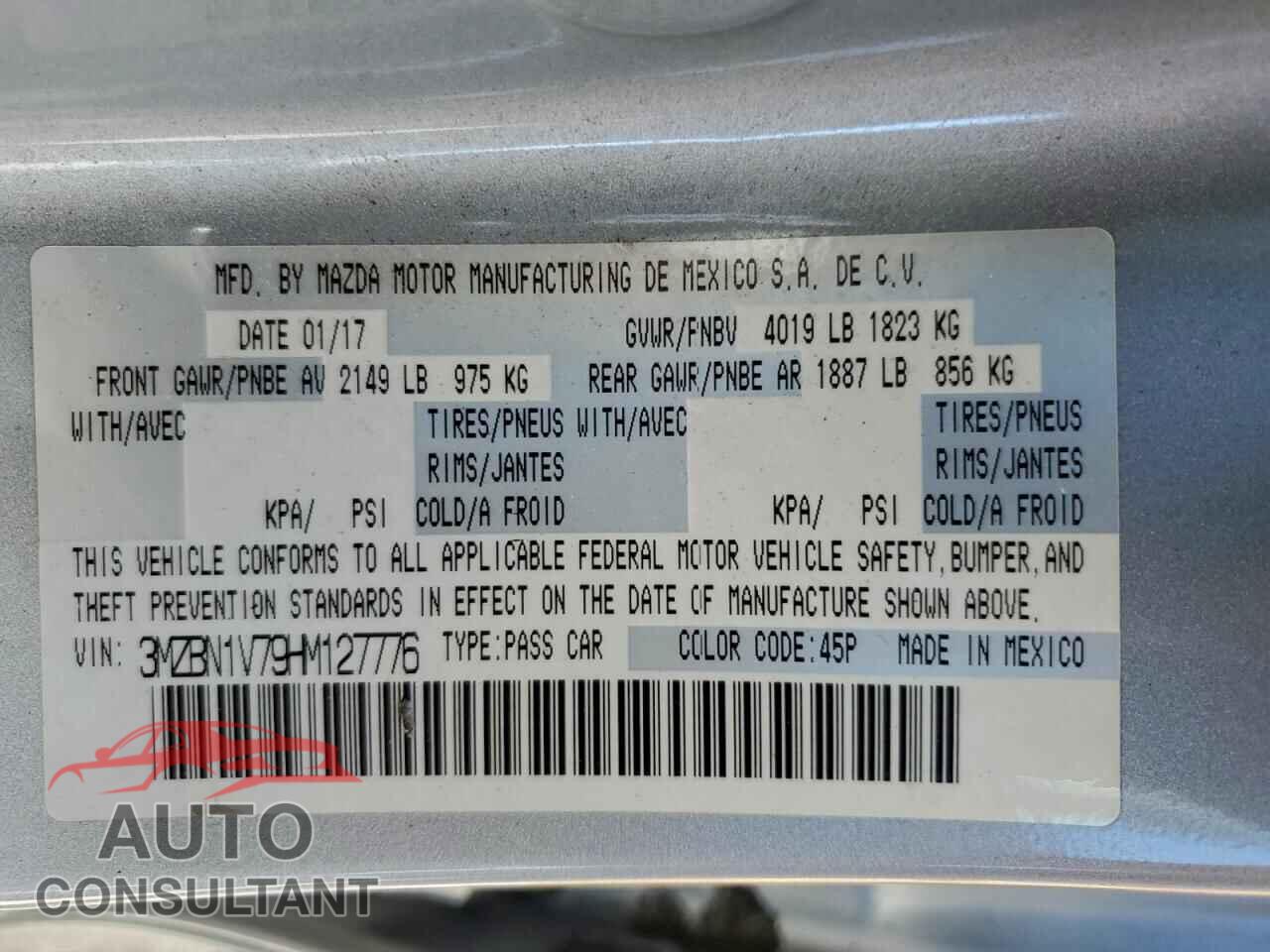 MAZDA 3 2017 - 3MZBN1V79HM127776
