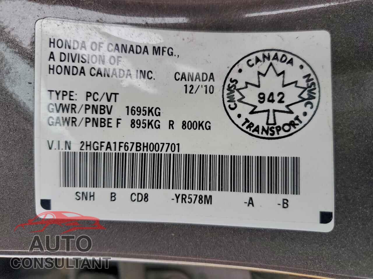 HONDA CIVIC 2011 - 2HGFA1F67BH007701