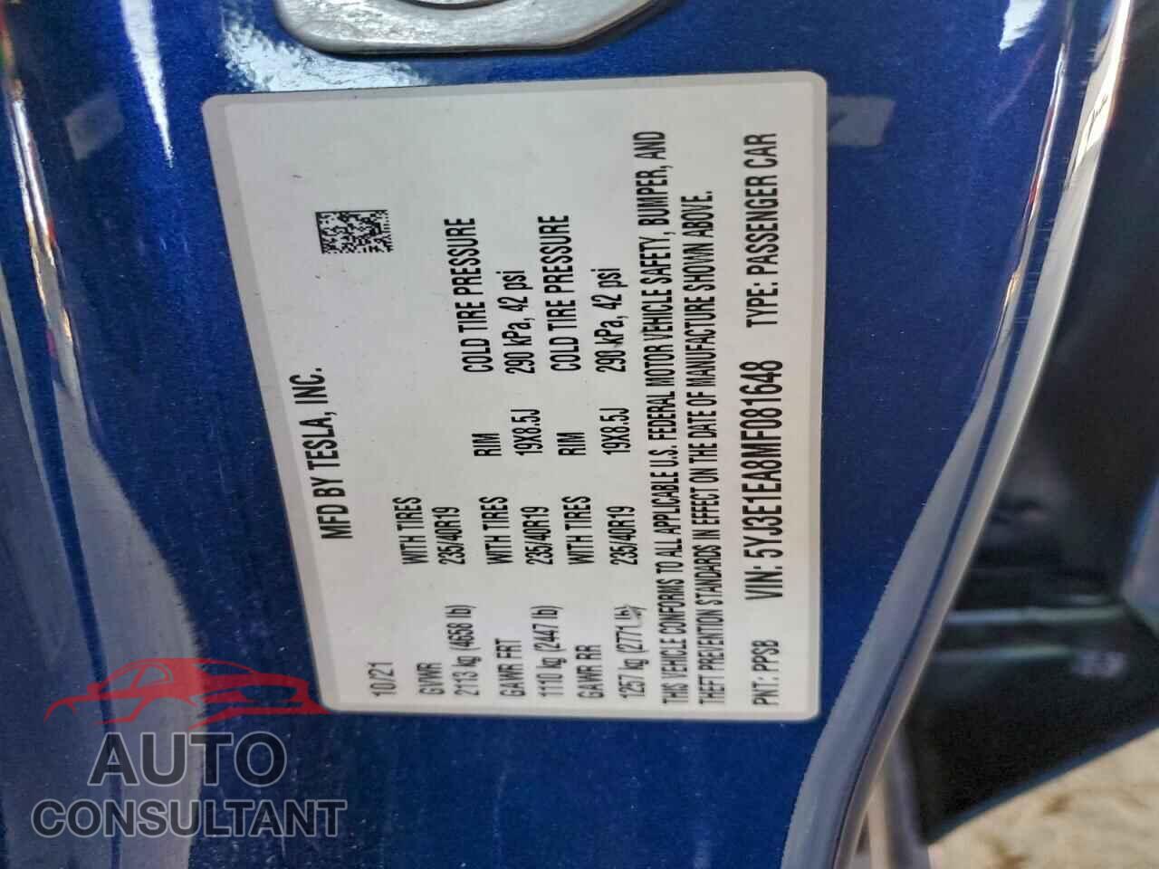 TESLA MODEL 3 2021 - 5YJ3E1EA8MF081648