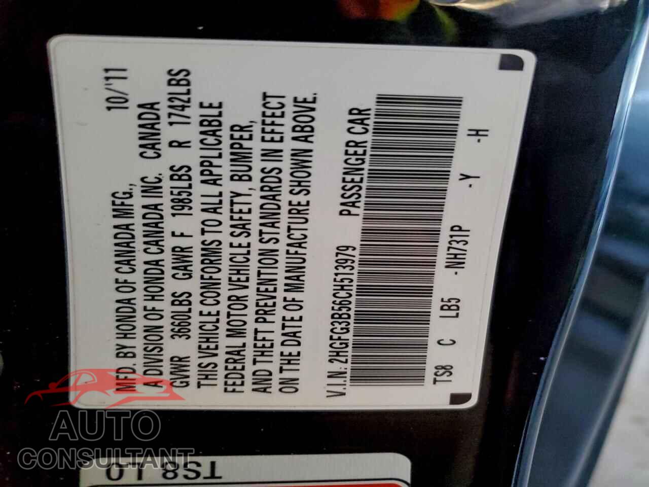 HONDA CIVIC 2012 - 2HGFG3B56CH513979