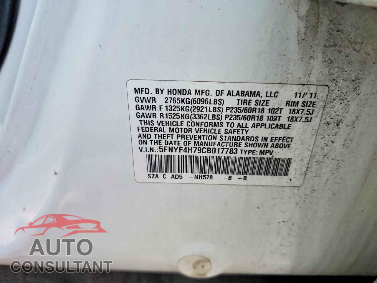 HONDA PILOT 2012 - 5FNYF4H79CB017783