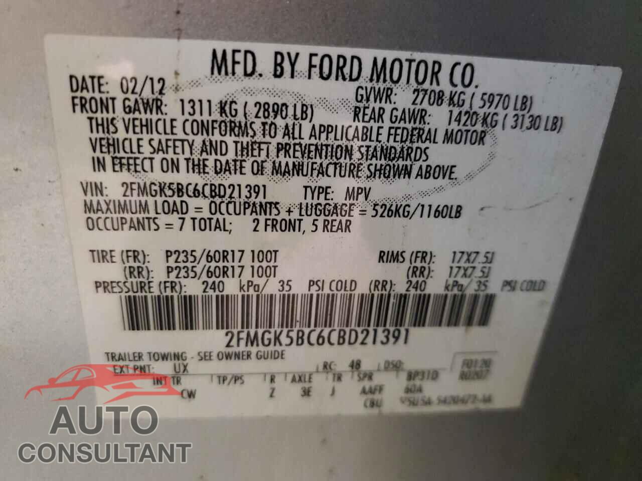 FORD FLEX 2012 - 2FMGK5BC6CBD21391