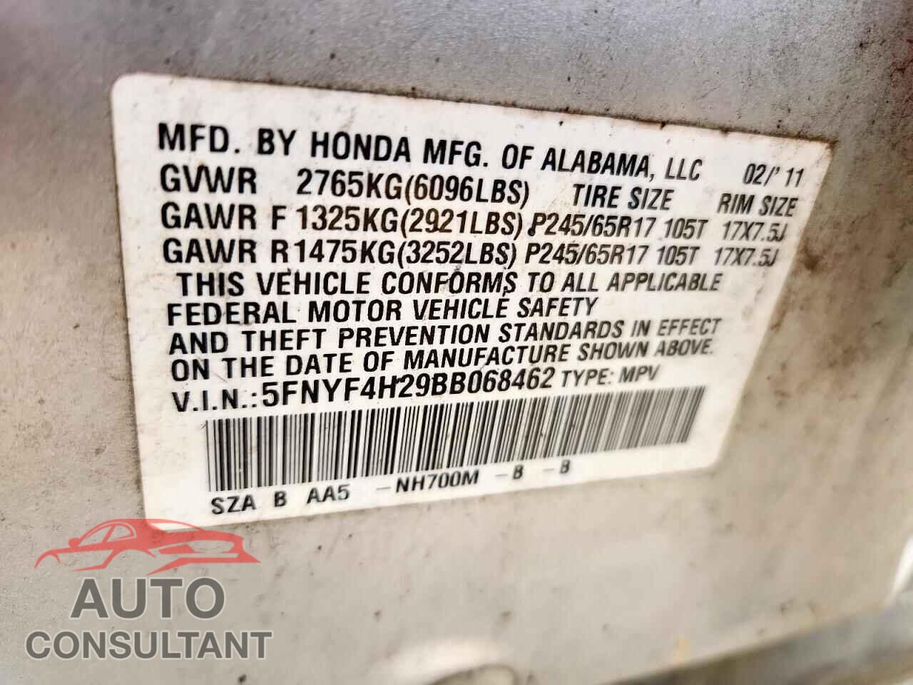 HONDA PILOT 2011 - 5FNYF4H29BB068462