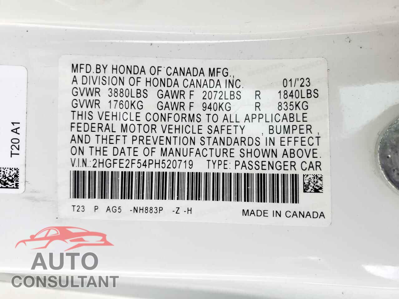 HONDA CIVIC 2023 - 2HGFE2F54PH520719