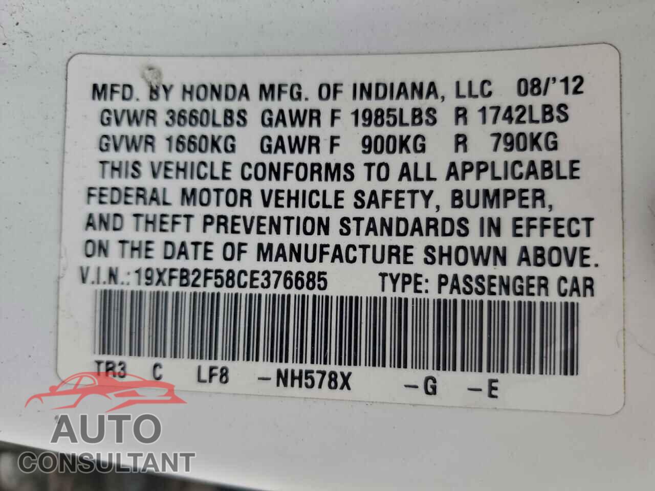 HONDA CIVIC 2012 - 19XFB2F58CE376685
