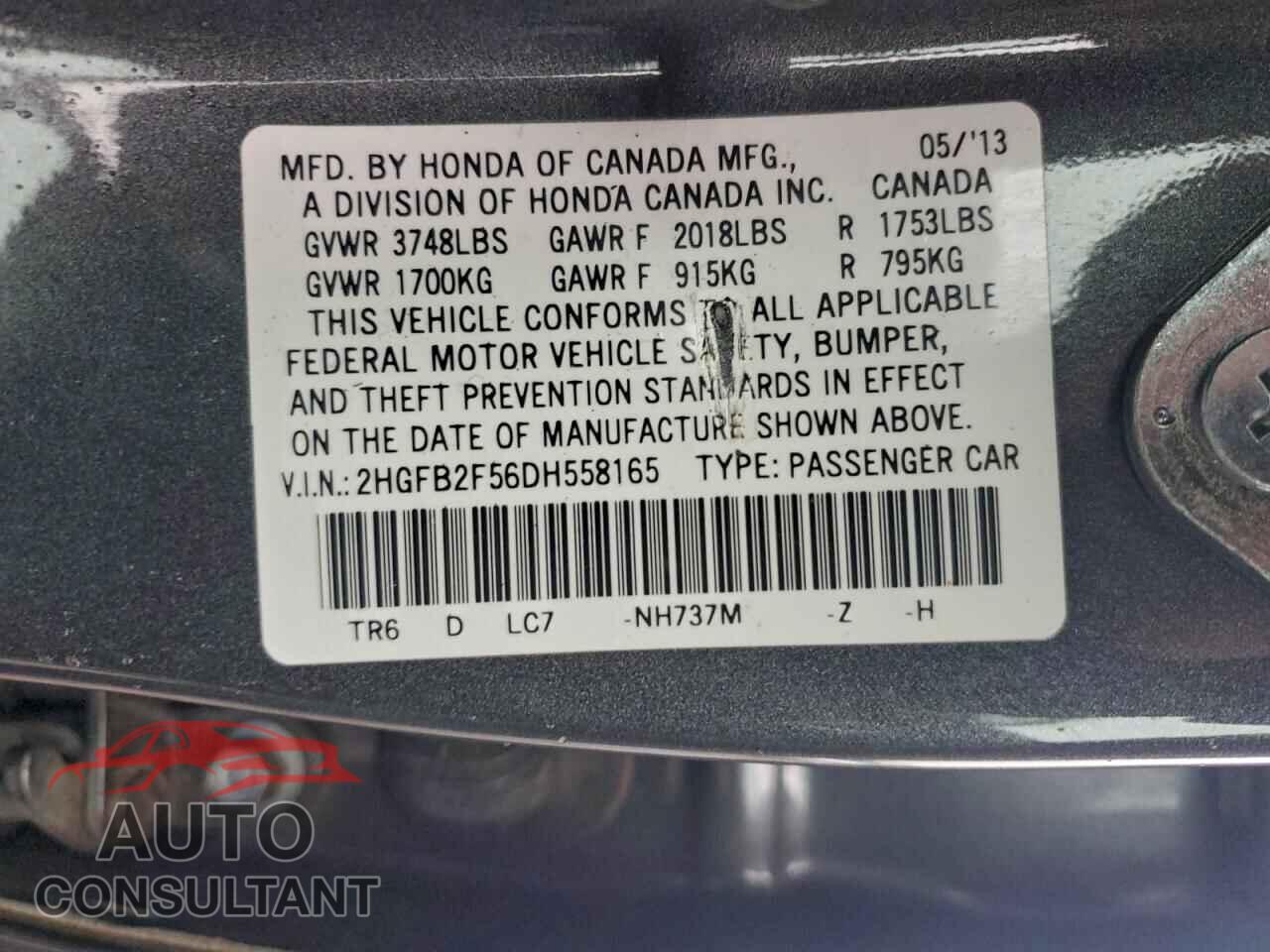 HONDA CIVIC 2013 - 2HGFB2F56DH558165
