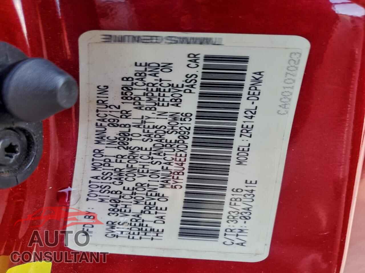 TOYOTA COROLLA 2013 - 5YFBU4EEXDP092156