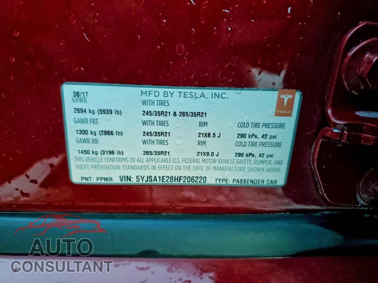 TESLA MODEL S 2017 - 5YJSA1E28HF206220