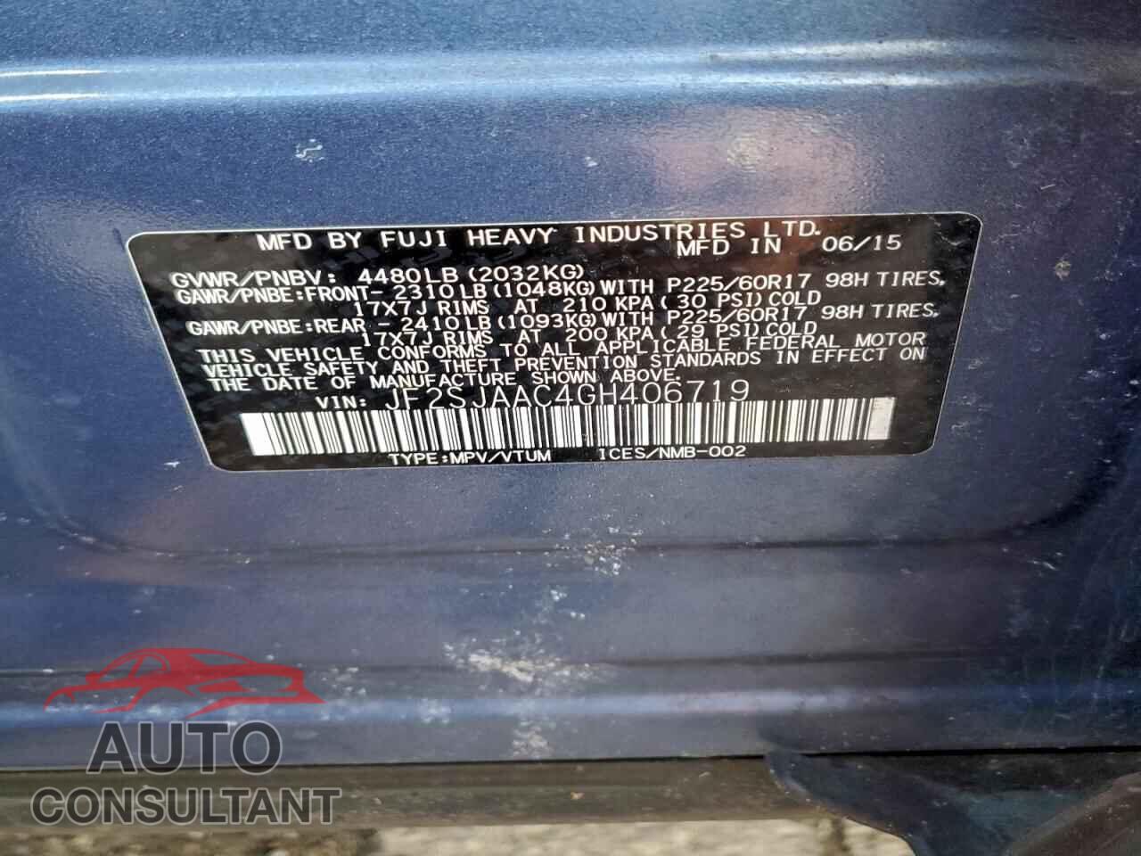 SUBARU FORESTER 2016 - JF2SJAAC4GH406719