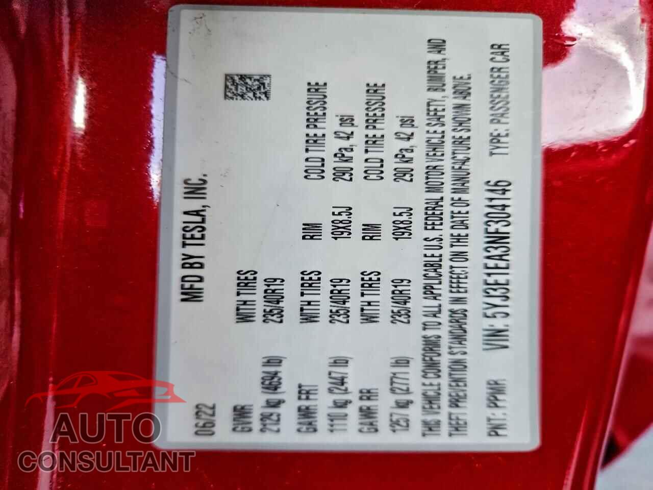 TESLA MODEL 3 2022 - 5YJ3E1EA3NF304146
