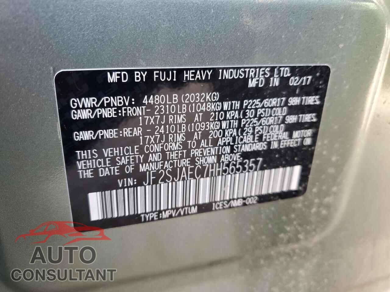 SUBARU FORESTER 2017 - JF2SJAEC7HH565357