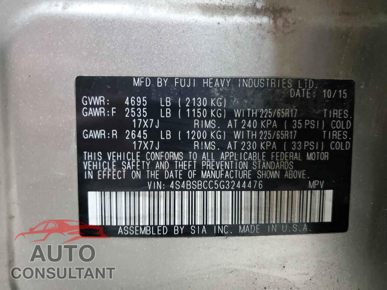 SUBARU OUTBACK 2016 - 4S4BSBCC5G3244476