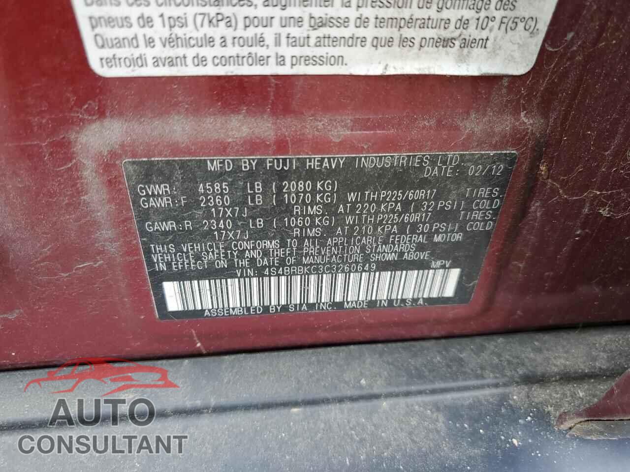 SUBARU OUTBACK 2012 - 4S4BRBKC3C3260649
