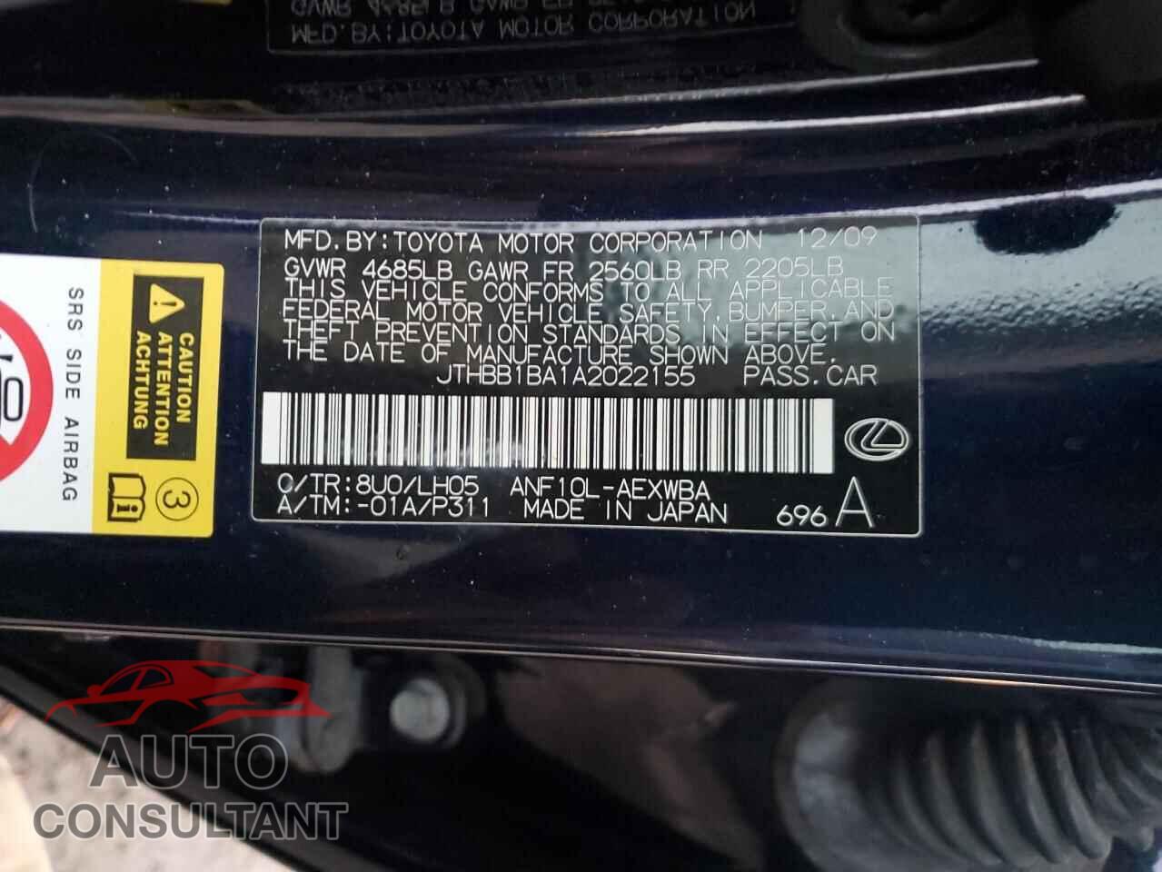 LEXUS HS 2010 - JTHBB1BA1A2022155
